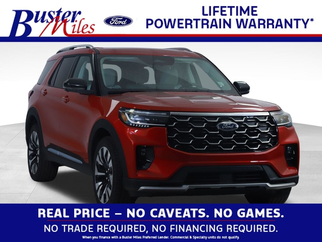 2026 Ford Explorer Platinum in Rapid Red Metallic Tinted Clearcoat — front three-quarter view